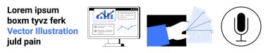 İş analizleri, finansal işlemler, dijital ödemeler, online araçlar, ses kaydı, fintech teknolojileri. Bilgisayar ekranında grafikler, nakit mikrofon ikonu ile el. İş analizleri