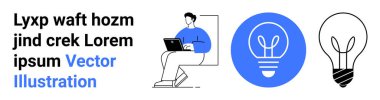 Yaratıcılık, yenilik, çevrimiçi öğrenme, dijital çalışma, teknolojik çözümler, beyin fırtınası. Dizüstü bilgisayarı ve ampul simgeleri olan bir adam. Yaratıcılık ve teknoloji çözümleri betimlemesi