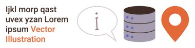 Data organization, communication, navigation, technology concepts, database management, location services. Speech bubble, database stack and location pin. Data organization and communication concept
