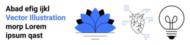 Eğitim, yenilik, sağlık, bilim, modern fikirler, tasarım ilhamı. Veri elementleri olan kalp, soyut çiçek ve ampul simgesi. Yenilik ve bilim kavramları