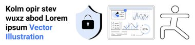Veri koruması, analitik, fitness, teknoloji, sağlık izleme, siber güvenlik. Kilitli kalkan, veri grafikleri çalışan simge. Siber güvenlik ve analizler görsel sembollerle iletildi