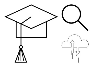Eğitim ve teknoloji. Mezuniyet şapkasıyla eğitim, bulut ve dijital arama sembolleriyle birleştirilmiş. Öğrenimi modern veri ve erişime bağlayan eğitim. E-öğrenim için, bulut depolama