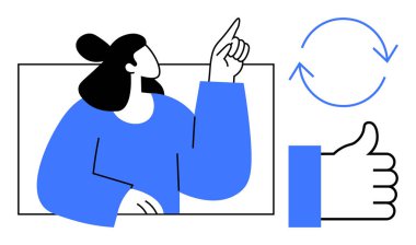 Geri bildirim konsepti. Bir kişi yukarı doğru dairesel oklar ve baş parmak işareti ile geri bildirim değişimi ve onayı iletiyor. Başarı, iletişim, işbirliği, takım çalışması için geri bildirim hayati önem taşıyor