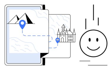 Navigasyon haritası konsepti. Navigasyon işaretler ve varış noktaları arasındaki rotaları gösteriyor. Seyrüsefer, seyahat planlamasını ve yön hassasiyetini dinamik olarak geliştirir. Seyahat, teknoloji ve eğitim için ideal