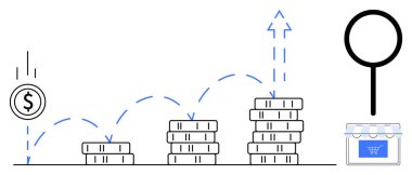 İş büyümesi, yatırım, finansal planlama, e-ticaret, analiz ve karlılık. Artan madeni para yığınları, dolar sembolü ve mağaza vitrininin yanında büyüteç. İş büyümesi