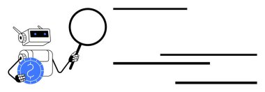 Araştırma, araştırma, analitik, teknoloji, problem çözme, yapay zeka. Robot bir figür, elementleri inceleyen bir büyüteç taşır. Araştırma ve araştırma kavramları