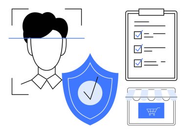 Çevrimiçi güvenlik, kimlik doğrulama, veri gizliliği, güvenli alışveriş, e-ticaret doğrulaması, dolandırıcılığı önleme. Bir yüz çizgisi, üzerinde çek olan bir kalkan, bir kontrol listesi ve bir dükkan simgesi