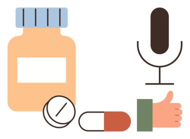 Sağlık, ilaç, yayın, iletişim, tıbbi tavsiye, onay. İlaç şişesi, haplar mikrofon ve onay. Temel simgeler aracılığıyla sağlık ve iletişim