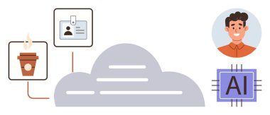 Veri işleme, bulut hesaplama, yapay zeka entegrasyonu, dijital kimlik, ağ çözümleri, teknolojik yenilik. Birbirine bağlı dijital elementlerle bulut çizimi. Veri ve bulut hesaplama kavramı