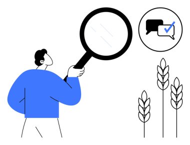 Kontrol işaretli diyalog baloncuklarını ve büyüteçli buğday saplarını inceleyen kişi. Analiz, karar verme, iletişim, tarım, gıda güvenliği, kalite kontrolü, basitlik için ideal