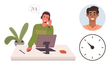 Müşteri desteği, iletişim, teknik yardım, uzaktan kumanda, 24 saat hizmet, profesyonel yardım. Masasında bilgisayar, saat ve müşteri simgesiyle konuşan bir adam. Müşteri desteği