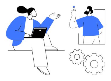 Takım çalışması, uzaktan kumanda, teknoloji kullanımı, problem çözme, teknik destek, iş akışı. Bir kişi dizüstü bilgisayarda çalışıyor, diğeri vitesle etkileşime geçiyor. Uzak çalışma ve problem çözme kavramı