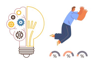 İş stratejisi, takım çalışması, yenilik, problem çözme, verimlilik, performans. Vitesli ampul ve hareket halindeki bir insan. Yenilik ve iş stratejisi kavramı