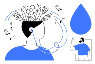 Farkındalık, kendini ifade etme, rahatlama, yaratıcılık, akıl sağlığı, kişisel gelişim. Kafasında çiçekler olan, kulaklık takan, müzik notaları olan biri. Farkındalık ve kendini ifade etme