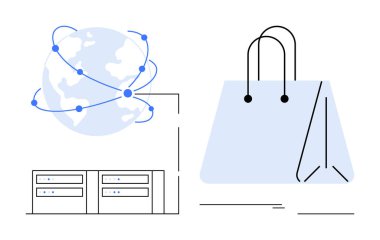 Bağlantı düğümleri, sunucu yığınları ve küresel e-ticareti, online alışverişi ve veri sistemlerini vurgulayan alışveriş torbalarıyla dolu bir dünya. Perakende, teknoloji, lojistik ve pazarlama küreselleşmesi için ideal