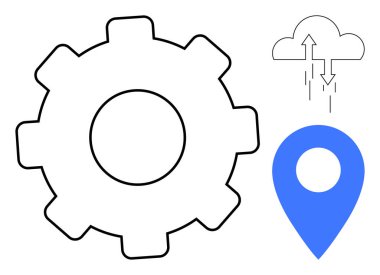 Bulut teknolojisi. Vites, yükleme bulutu ve konum pin sembolleri bulut çözümleri, veri senkronizasyonu ve konum hizmetleri. Bulut sistemleri, veri paylaşım araçları, dijital haritalama hizmeti optimizasyonu