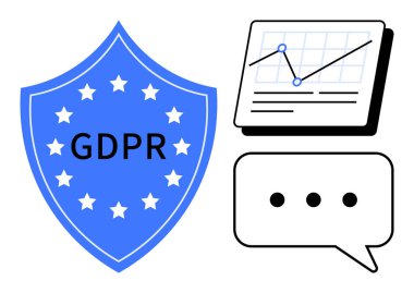 GDPR yazılı mavi kalkan, yıldızlar, çizgili analitik grafik ve noktalı konuşma balonu. Gizlilik için ideal, veri güvenliği, GDPR politikaları, uyum, analitik iletişim basit düz