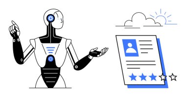 Robot, yıldız dereceli bir özgeçmiş belgesini analiz ediyor. Bulutların ve güneş görüntülerinin yakınında geçiyor. İşe alım için ideal, yapay zeka, otomasyon, yenilik, kariyer geliştirme, teknolojik fütüristik kavramlar. Basit.