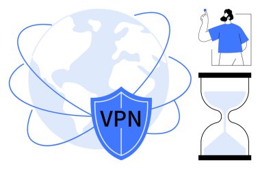 Çevrimiçi güvenlik, gizlilik koruması, internet erişimi, güvenli tarama, veri güvenliği, küresel bağlantı. VPN etiketli kalkan, kum saati ve küresel sembol. Çevrimiçi güvenlik ve gizlilik koruması