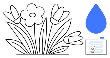 Çiçek tasarımı. Mavi damlacık büyümesi ve fikirleri olan soyut siyah çizgi çiçekleri. Çiçek elementleri yenilik ve sürdürülebilirlik ile eşleştirildi. Doğa, yaratıcılık, ekolojik kavramlar, tasarım ilhamı için