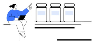 Raftaki üç ilaç şişesine bakarken elinde dizüstü bilgisayar tutan bir kadın. Sağlık, eczane, araştırma, tıbbi teknoloji, eğitim, analiz veya konsültasyon konuları için idealdir. Basit düz