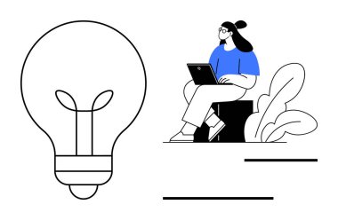 Yaratıcılık konsepti. Yaratıcılık, bir ampul sembolü ve dizüstü bilgisayarda çalışan bir kadın aracılığıyla resmedilmiştir. İş, öğrenme, yenilik ve fikir üretiminde yaratıcılık. Eğitim, tasarım, iş için
