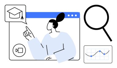 Bireysel etkileşim online eğitim için sanal bir platform, video araçları, arama büyüteç ve veri grafiği. Eğitim, araştırma, analitik, öğrenim, e-öğrenim yeniliği için ideal