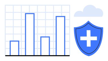 Sağlık hizmetleri analitiği, veri koruması, siber güvenlik, tıbbi istatistikler, bulut depolama, güvenli teknoloji. Şebeke ve kalkan ile bir tıbbi haç. Sağlık analitikleri ve veri koruması