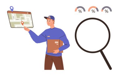 Lojistik, teslimat takibi, seyir, e-ticaret, iş çözümleri, kurye hizmetleri. Elinde bir paket olan ve haritayı gösteren bir işçi. Lojistik ve dağıtım izleme kavramları