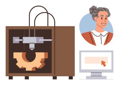 Eğitim, 3 boyutlu teknoloji, yenilik, son sınıf öğrenimi, teknoloji okuryazarlığı, yaratıcı tasarım. Üç boyutlu yazıcı, dişli baskı, yaşlı kadın ve bilgisayar ekranı. Yenilik için eğitim ve 3B teknolojisi