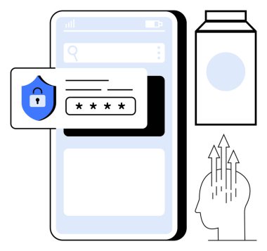 Siber güvenlik kavramı. Mobil cihaz şifre koruması ve kalkan güvenliği. Siber güvenlik kişisel verilerin korunmasını sağlar ve ihlalleri önler. IT için, çevrimiçi güvenlik, fintech, uygulamalar, öğrenme