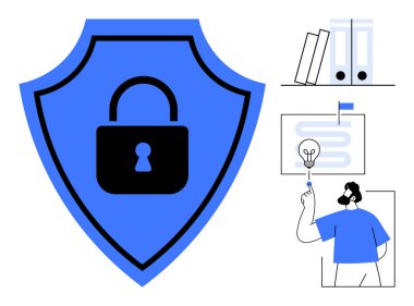 Siber güvenlik, veri koruması, yenilik, fikir üretimi, güvenli depolama, iş stratejisi, görsel iletişim. Kilit simgesi olan mavi kalkan, harita figürlerini gösteriyor. Siber güvenlik ve veri