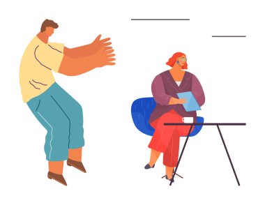 Psikoloji, terapi, insanlar arası iletişim, akıl sağlığı desteği, profesyonel danışmanlık, duygusal refah. Bir insan masadaki bir terapiste danışır. Danışmanlık ve ruhsal sağlık desteği