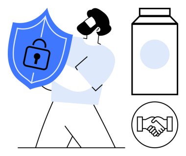 Dijital güvenlik. Elinde kilit sembolü, veri ve kimlik koruması olan bir adam. Dijital güvenlik, güvenliği, güveni ve dürüstlüğü sağlar. Teknoloji, mahremiyet, internet hizmetleri