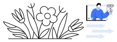 Çiçeklerin, elinde bir kupa ve kavramsal oklar tutan mavi kazaklı bir kişiyle eşleştirilmesinin vektör çizimi, başarı ve büyümeyi gösteriyor. Başarı, büyüme ve kendini geliştirme için ideal