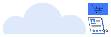İnternet alışveriş arabası ve müşteri derecelendirme belgelerini birbirine bağlayan bulut iskeleti. E-ticaret, uzaktan yönetim, kullanıcı geribildirimi, dijital hizmetler, veri depolama, yenilik, basit düz metafor