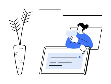 Dijital bağlantı. Tablet, dijital bağlantı ve duygusal bakım ile etkileşime girerken kalp tutan bir kadın. İletişim ve kişisel refah için dijital araçlar. Teknoloji, sağlık uygulamaları için