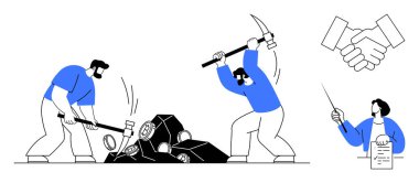 Bir kadın olarak kazma ve çekiç kullanan işçiler belgeyi sunar. Köşedeki tokalaşma takım çalışması, iş gücü, müzakere, işbirliği ve başarıyı simgeler. İş ve sözleşmeler için ideal.