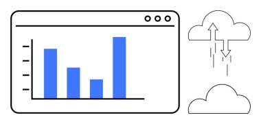 Veri analizi. Bir bar çizelgesi ve bulut simgeleri aracılığıyla veri görüntüleme ve depolama. Veri sezgileri ve bulut temelli çözümler. Teknoloji, iş ve bulut hesaplama için mükemmel. Konu teknolojisi