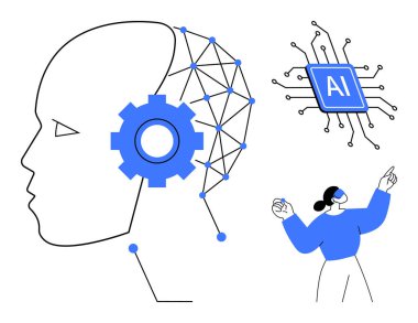 Yapay zeka, sinirsel ağlar, teknolojik gelişmeler, makine öğrenimi, robotik, yenilik. Alet ve bağlantıları olan insan kafası, yapay zeka mikroçipi kullanan biri. Yapay