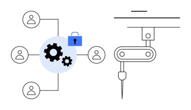 Siber güvenlik, otomasyon, veri gizliliği, güvenli işlemler, iş akışı yönetimi, teknoloji entegrasyonu. Vites, simge robot kolunu birbirine bağlı kullanıcılara kilitle. Siber güvenlik ve otomasyon kavramı