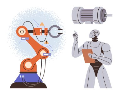 Endüstriyel otomasyon, makine öğrenme, robot bilimi, yapay zeka denetimi, imalat, fütüristik teknoloji. Tehlike simgeleriyle robot kolu ve verileri analiz eden insansı robot. Endüstriyel otomasyon ve robot