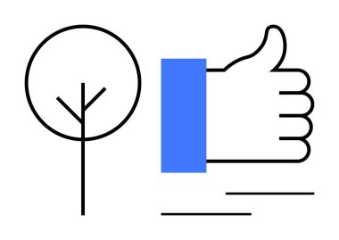 Sürdürülebilirlik ve pozitiflik kavramı. İkon onay ve ilerleme taşırken, ağaç doğası, büyüme ve sürdürülebilirlik başparmakları üzerindedir. Yeşil girişimler, çevre dostu kampanyalar, kurumsal markalaşma