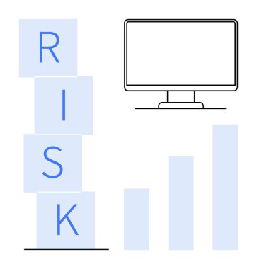 Risk yönetimi konsepti. Yığılmış harfler, büyüme veya analize yükselen bar çizelgesi ve bir bilgisayar ekranı ile risk. Risk değerlendirmesi, analiz, büyüme, finans, teknoloji