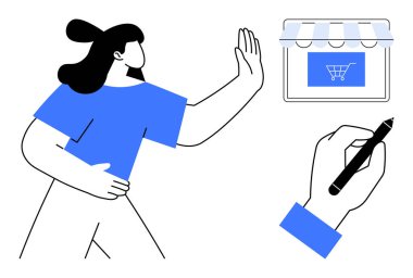 E-ticaret reddedilmesi, online alışveriş, tüketici davranışı, karar verme, dijital ticaret bağlantısı, perakende stratejisi. Alışveriş arabası grafiğine sırt çeviren bir kadın. E-ticaret reddi