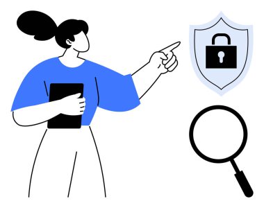 Siber güvenlik kavramı. Siber güvenlik, kilit simgesi, büyüteç ve odaklanmış kadın figürüyle kalkandan geçiyor. Veri koruması için siber güvenlik, çevrimiçi güvenlik, yazılım güvenliği, bilişim çözümleri