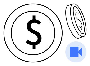 E-ticaret, finansal işlemler, uzaktan ödemeler, sanal iletişim, dijital ekonomi, para kazanma. Siyah beyaz para ve video çağrı ikonu. E-ticaret ve uzaktan ödeme kavramı