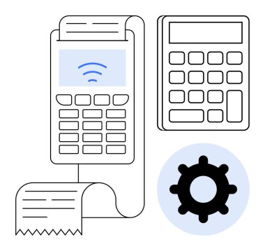 Dijital ödeme konsepti. Fişi, hesap makinesi ve teçhizat ikonu mali işlemleri ve sistem yönetimine sahip dijital ödeme cihazı. Dijital ödeme e-ticaret, perakende, fintech ve sistemi destekler