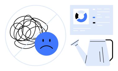 Sorun çözme konsepti. Üzgün yüz, düzensizlik sembolü ve başarı araçları ile vurgulanan problem çözme analitik ve kaynakları destekler. Gelişme, planlama ve kişisel gelişim için problem çözme