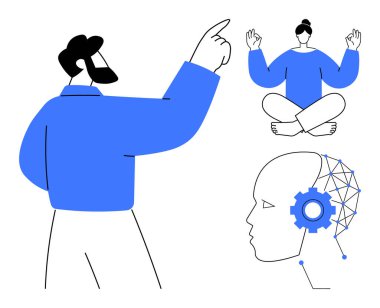 Teknoloji entegrasyonu, farkındalık, yapay zeka, liderlik, meditasyon, yenilik. İleri bakan, meditasyon yapan Al temalı kafa. Farkındalık ve yapay zeka